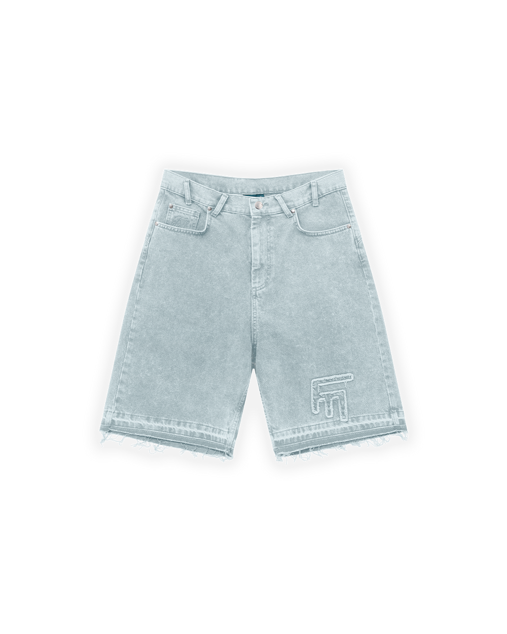 UNISEX OVERSIZE YIPRATMALI FM ICON DETAYLI PREMIUM DENIM ŞORT - MAVİ