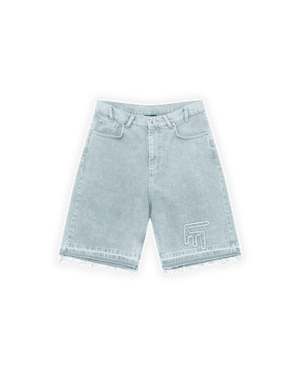 UNISEX OVERSIZE YIPRATMALI FM ICON DETAYLI PREMIUM DENIM ŞORT - MAVİ