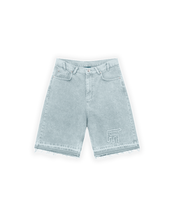 UNISEX OVERSIZE YIPRATMALI FM ICON DETAYLI PREMIUM DENIM ŞORT - MAVİ