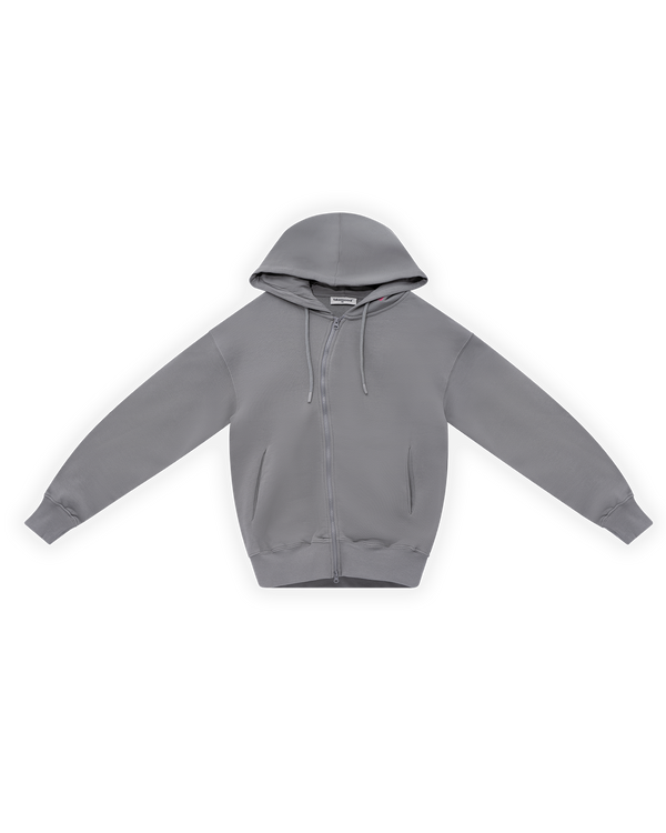 ERKEK OVERSIZE ASİMETRİK KESİM NAKIŞLI ZIP HOODIE - GRİ