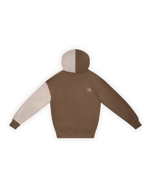 KADIN OVERSIZE ASİMETRİK KESİM NAKIŞLI ZIP HOODIE - BEJ / KAHVERENGİ