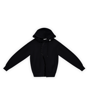 KADIN OVERSIZE ASİMETRİK KESİM NAKIŞLI ZIP HOODIE - SİYAH