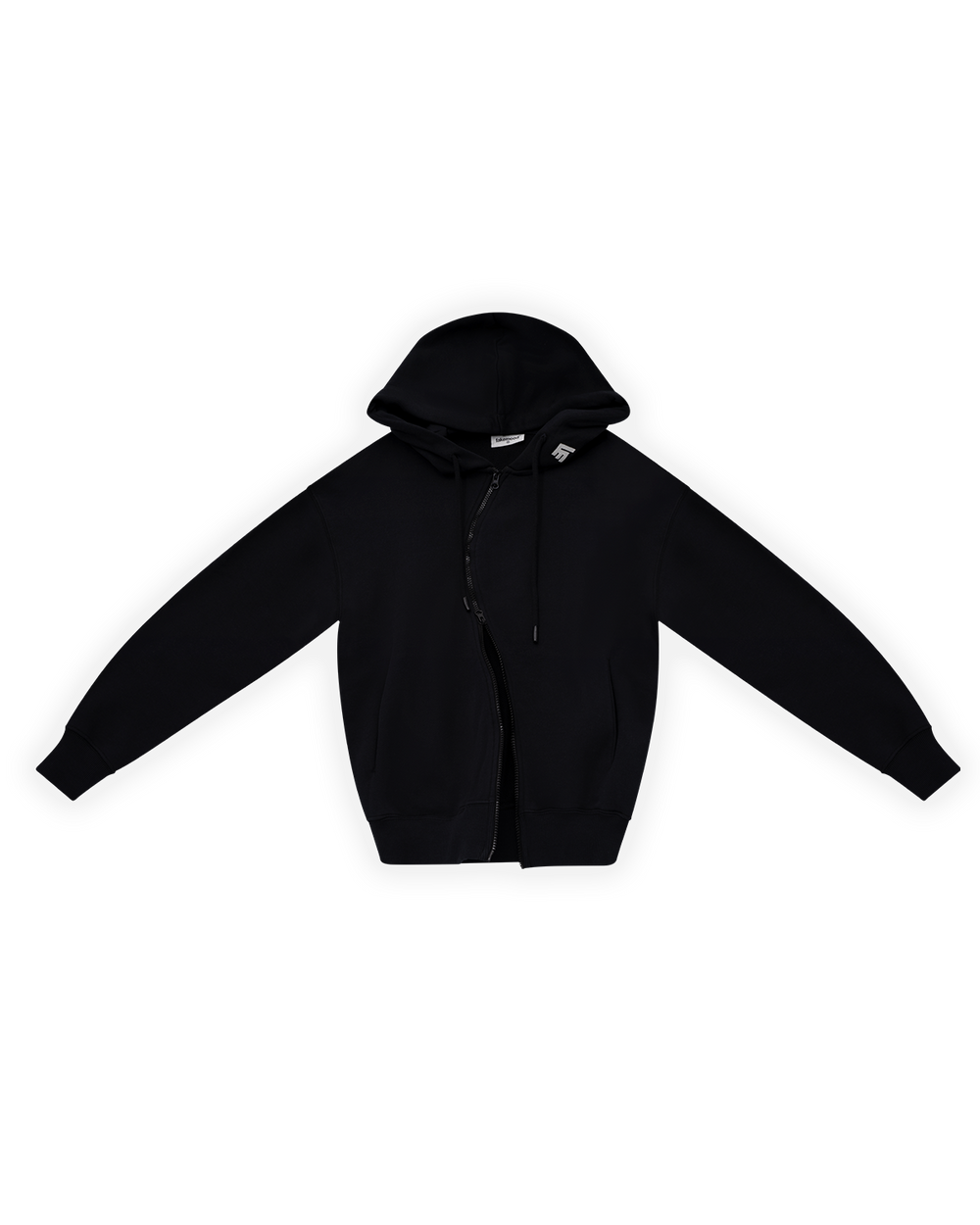 ERKEK OVERSIZE ASİMETRİK KESİM NAKIŞLI ZIP HOODIE - SİYAH
