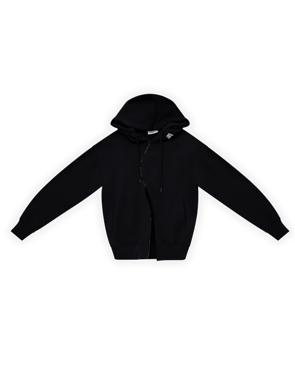 ERKEK OVERSIZE ASİMETRİK KESİM NAKIŞLI ZIP HOODIE - SİYAH