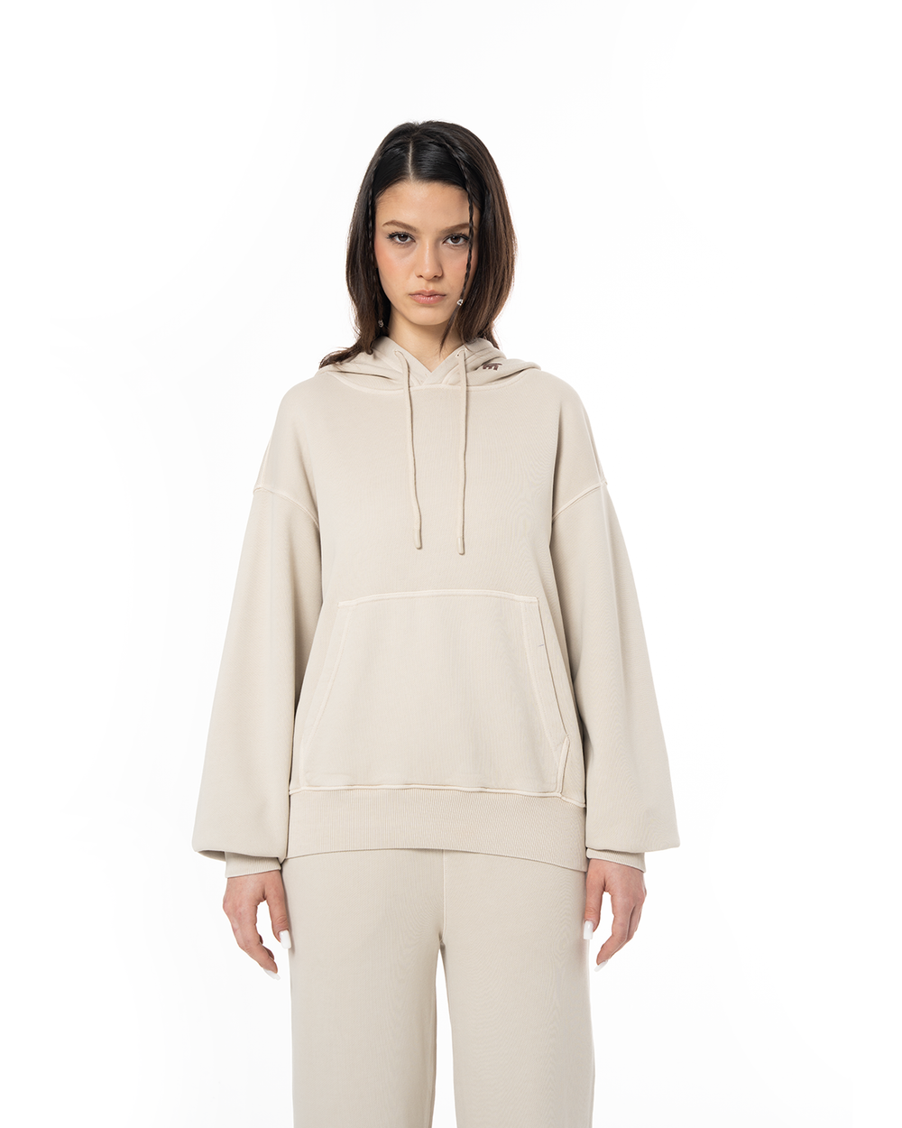 KADIN OVERSIZE FM ICON NAKIŞLI HOODIE - BEJ