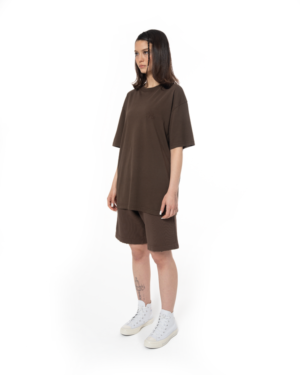 KADIN OVERSIZE FAKEMOOD NAKIŞLI TİŞÖRT - KAHVERENGİ