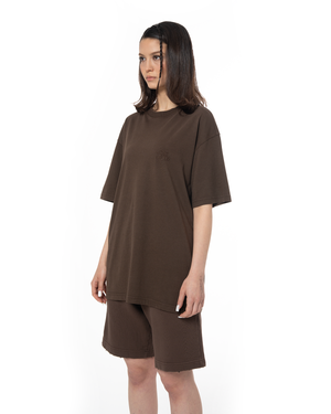 KADIN OVERSIZE FAKEMOOD NAKIŞLI TİŞÖRT - KAHVERENGİ