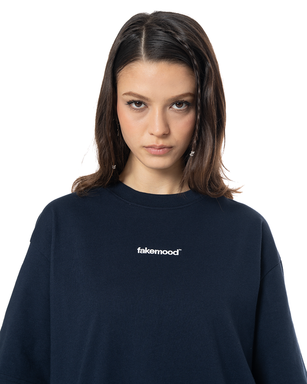 KADIN OVERSIZE BASIC BASKILI TİŞÖRT - LACİVERT