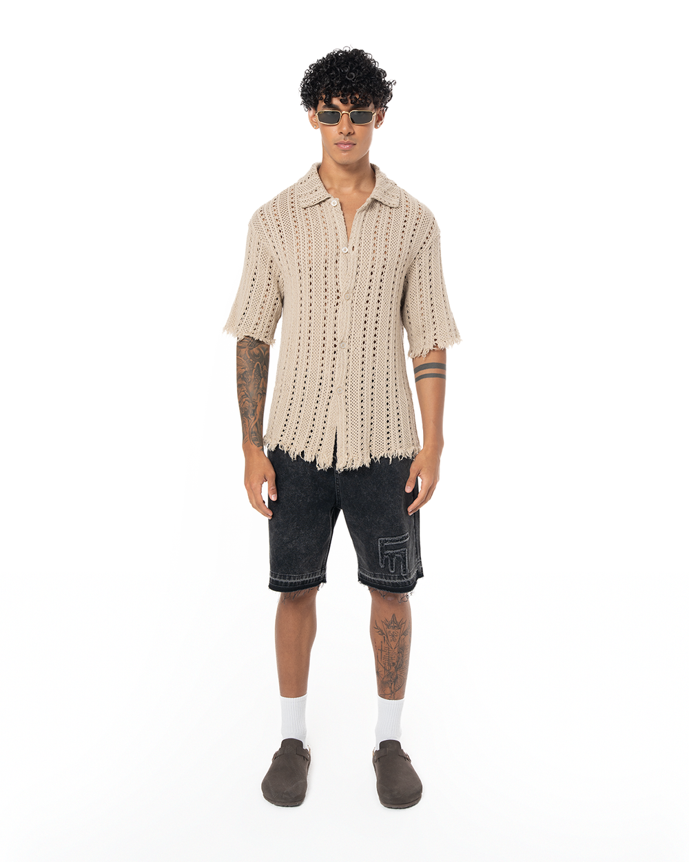 GARMENT DYED SLEEVE OPENWORK SHIRT - CREAM