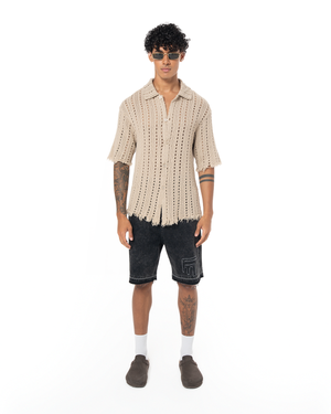 GARMENT DYED SLEEVE OPENWORK SHIRT - CREAM
