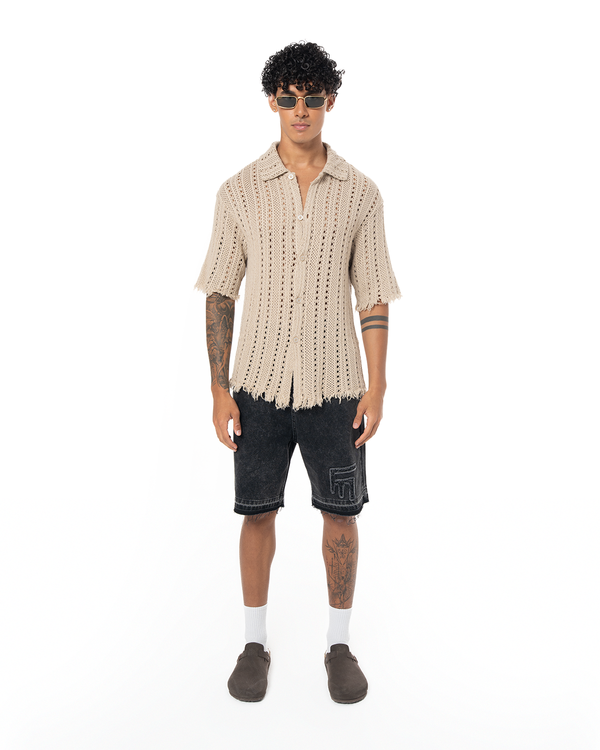 GARMENT DYED SLEEVE OPENWORK SHIRT - CREAM