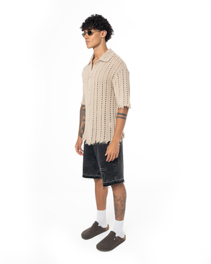 GARMENT DYED SLEEVE OPENWORK SHIRT - CREAM