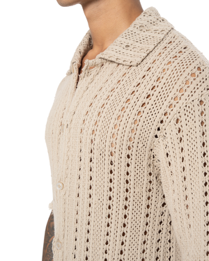 GARMENT DYED SLEEVE OPENWORK SHIRT - CREAM