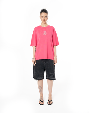 UNISEX RHINESTONE LOGO DISTRESSED T-SHIRT - PINK