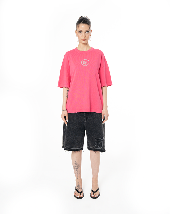 UNISEX RHINESTONE LOGO DISTRESSED T-SHIRT - PINK
