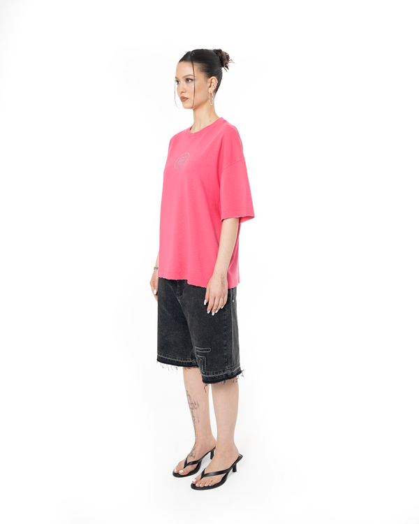 UNISEX RHINESTONE LOGO DISTRESSED T-SHIRT - PINK