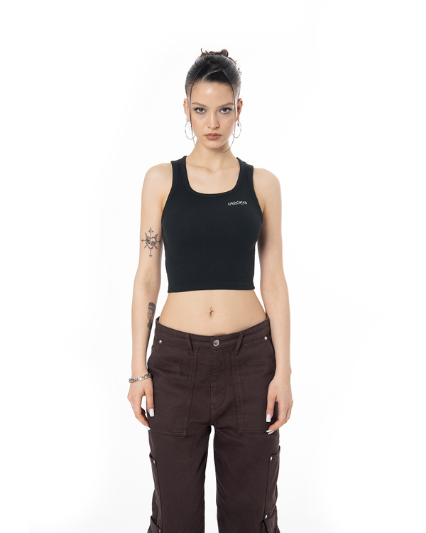 GARMENT DYE SIGNATURE CROP TANK TOP - BLACK
