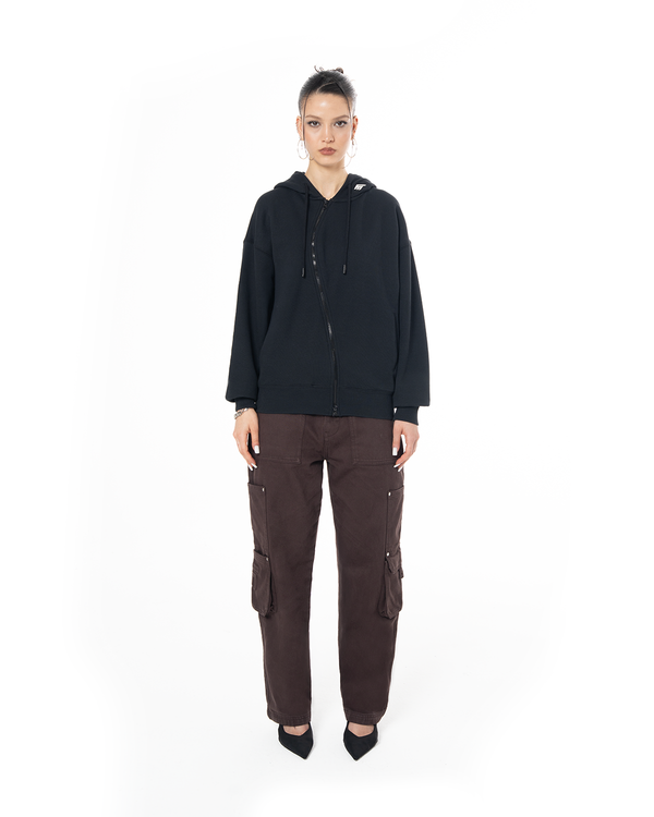 UNISEX ASYMMETRIC ZIP FULL ZIP SWEATSHIRT - BLACK