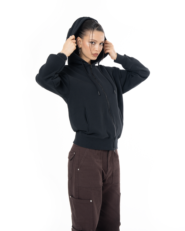 UNISEX ASYMMETRIC ZIP FULL ZIP SWEATSHIRT - BLACK