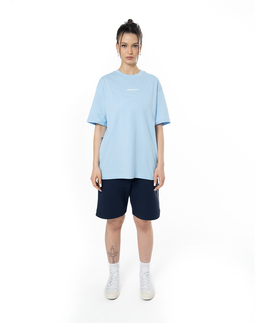 KADIN OVERSIZE BASIC BASKILI TİŞÖRT - AÇIK MAVİ