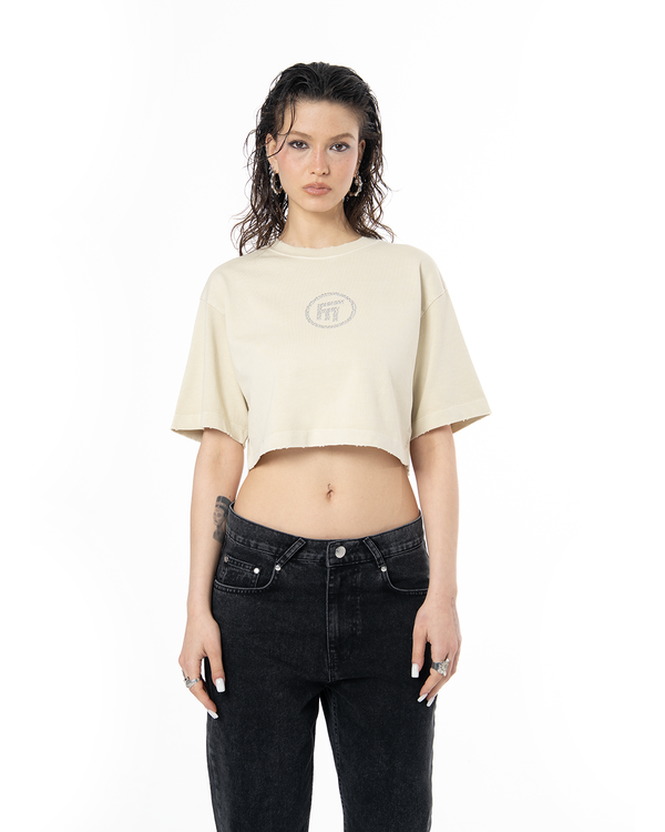 WOMEN RHINESTONE LOGO DISTRESSED CROP T-SHIRT - CREAM