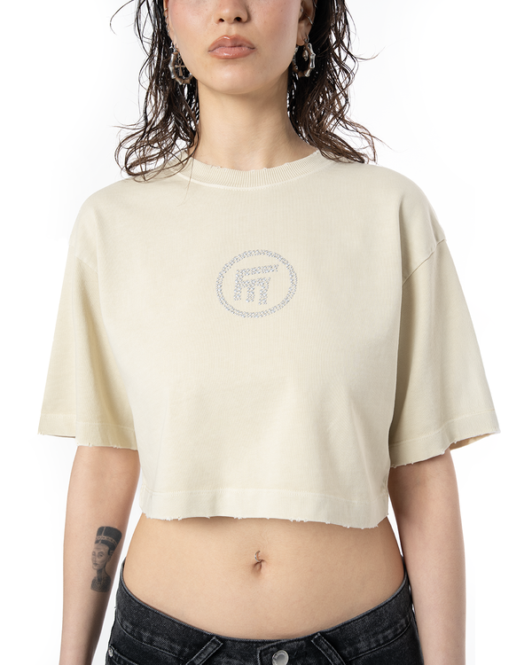 WOMEN RHINESTONE LOGO DISTRESSED CROP T-SHIRT - CREAM