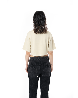 WOMEN RHINESTONE LOGO DISTRESSED CROP T-SHIRT - CREAM