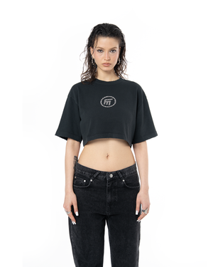 WOMEN RHINESTONE LOGO DISTRESSED CROP T-SHIRT - BLACK