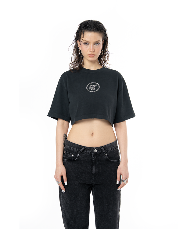 WOMEN RHINESTONE LOGO DISTRESSED CROP T-SHIRT - BLACK