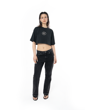WOMEN RHINESTONE LOGO DISTRESSED CROP T-SHIRT - BLACK