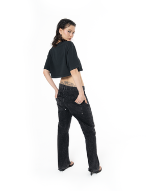 WOMEN RHINESTONE LOGO DISTRESSED CROP T-SHIRT - BLACK