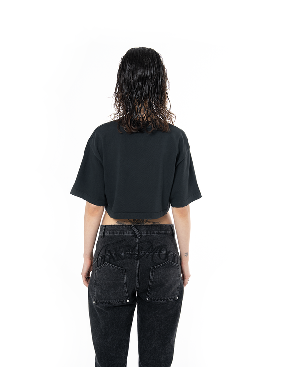 WOMEN RHINESTONE LOGO DISTRESSED CROP T-SHIRT - BLACK