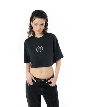 WOMEN RHINESTONE LOGO DISTRESSED CROP T-SHIRT - BLACK