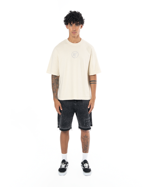 UNISEX RHINESTONE LOGO DISTRESSED T-SHIRT - CREAM