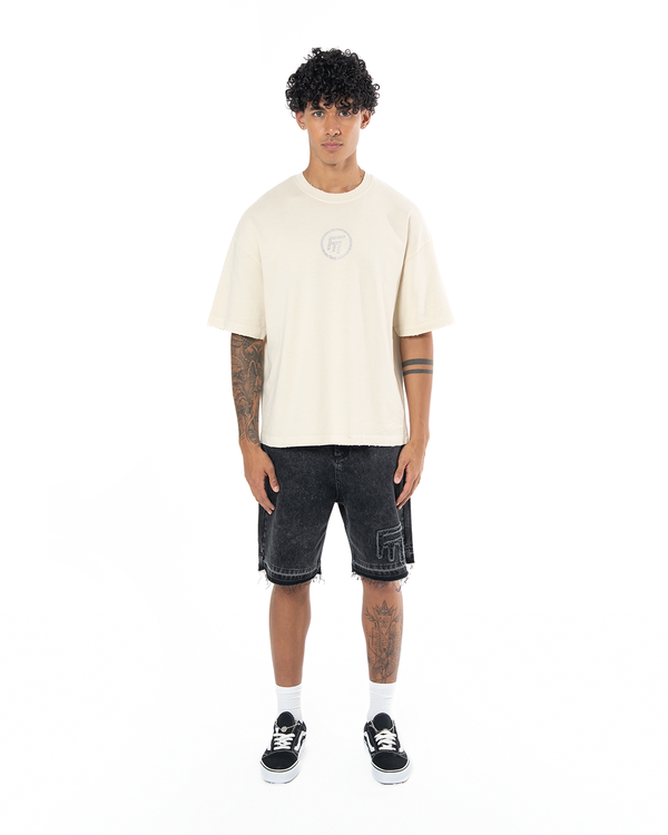 UNISEX RHINESTONE LOGO DISTRESSED T-SHIRT - CREAM