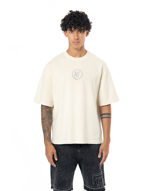 UNISEX RHINESTONE LOGO DISTRESSED T-SHIRT - CREAM