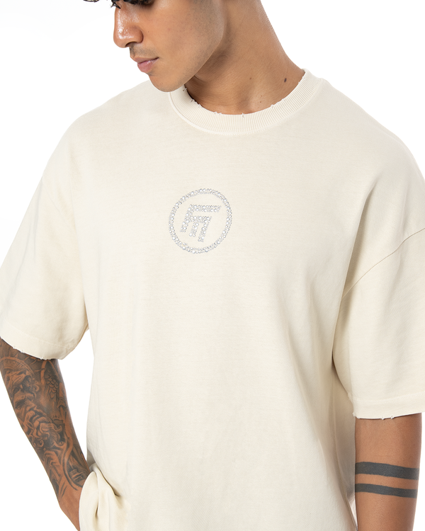 UNISEX RHINESTONE LOGO DISTRESSED T-SHIRT - CREAM