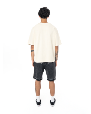 UNISEX RHINESTONE LOGO DISTRESSED T-SHIRT - CREAM