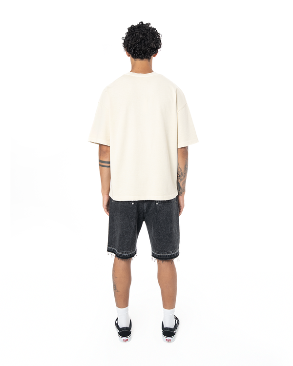 UNISEX RHINESTONE LOGO DISTRESSED T-SHIRT - CREAM