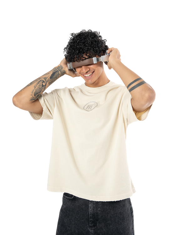 UNISEX RHINESTONE LOGO DISTRESSED T-SHIRT - CREAM