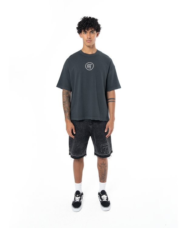 UNISEX RHINESTONE LOGO DISTRESSED T-SHIRT - BLACK