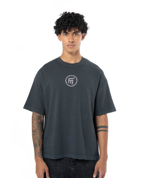UNISEX RHINESTONE LOGO DISTRESSED T-SHIRT - BLACK