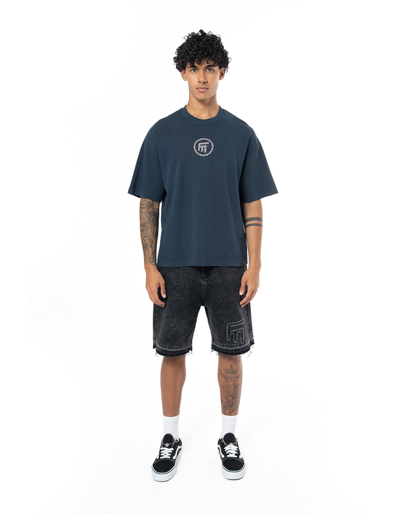 UNISEX RHINESTONE LOGO DISTRESSED T-SHIRT - NAVY