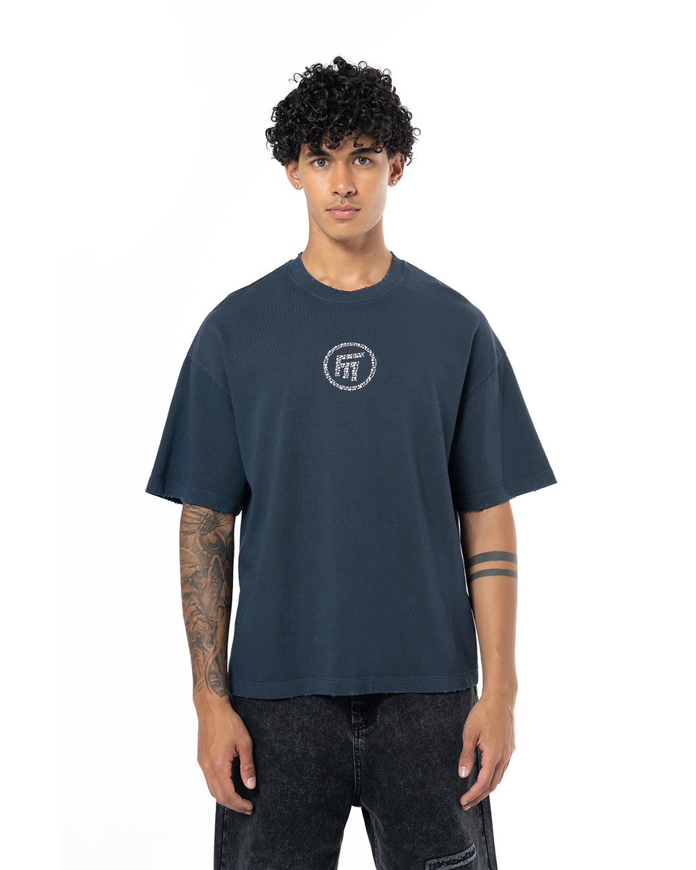 FM Icon Yıpratmalı Oversize T-Shirt - Lacivert