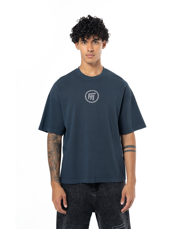 UNISEX RHINESTONE LOGO DISTRESSED T-SHIRT - NAVY