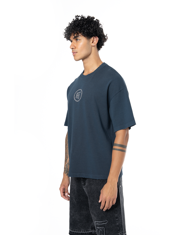 UNISEX RHINESTONE LOGO DISTRESSED T-SHIRT - NAVY