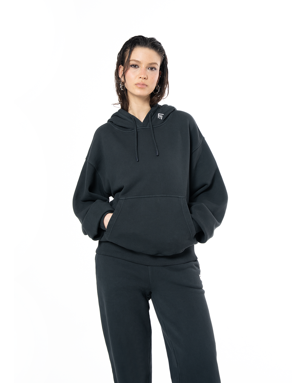 KADIN OVERSIZE FM ICON NAKIŞLI HOODIE - BLACK