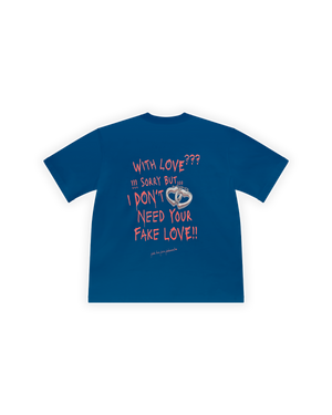 UNISEX OVERSIZE FAKE LOVE BASKILI TİŞÖRT - MAVİ
