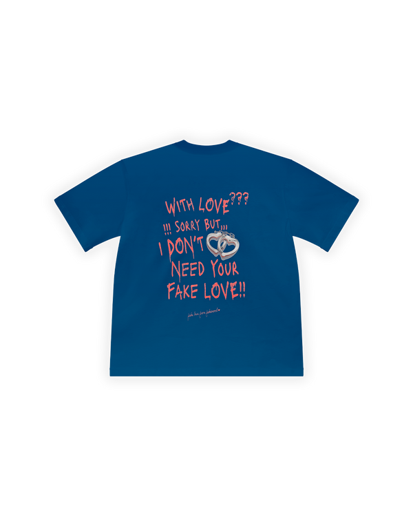 UNISEX OVERSIZE FAKE LOVE BASKILI TİŞÖRT - MAVİ