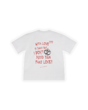 UNISEX OVERSIZE FAKE LOVE BASKILI TİŞÖRT - BEYAZ
